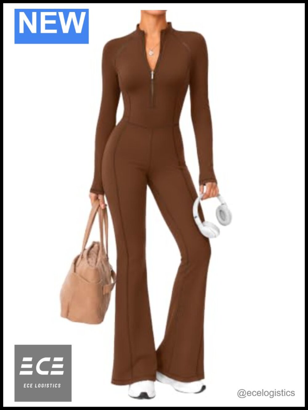 Mock Neck Half-Zip Flared Jumpsuit Long Sleeve Fitted One-Piece